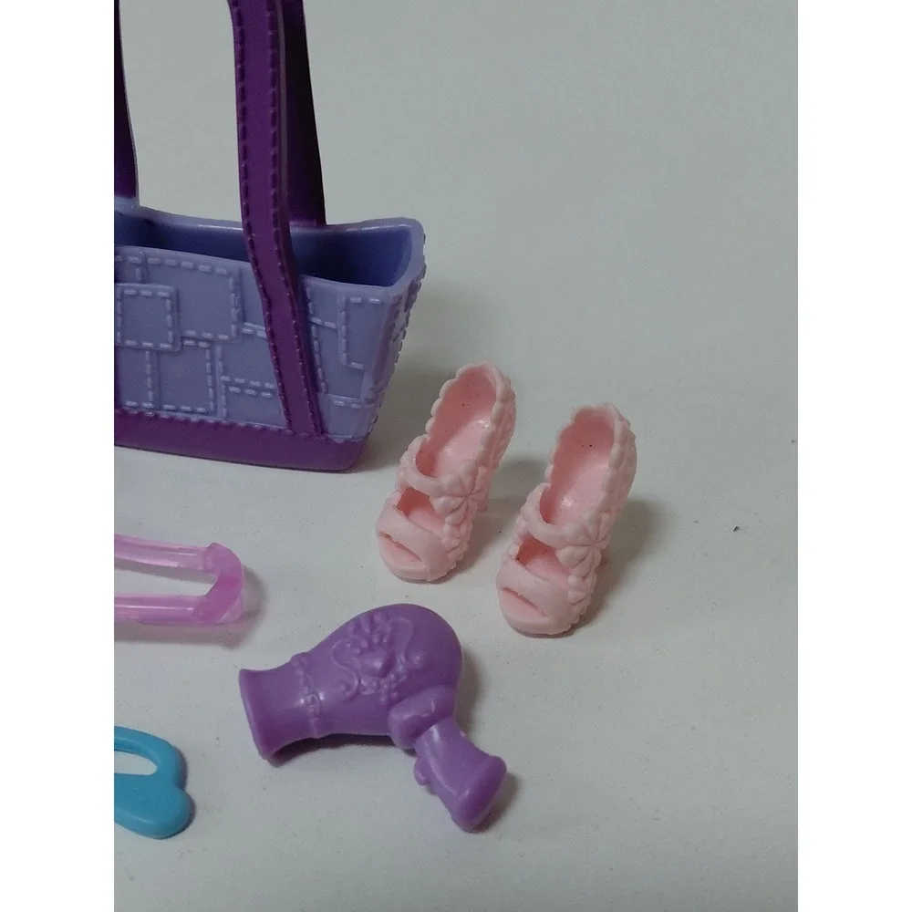 Barbie Doll Accessory Lot Purple Tote Bag Pink Heels Hair Dryer Brush Hanger